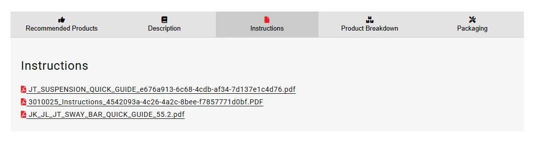 Product page instruction tab with list of files