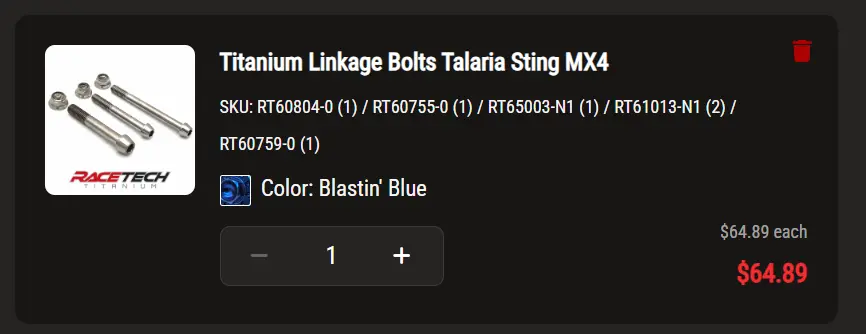 Variant selection displayed in cart